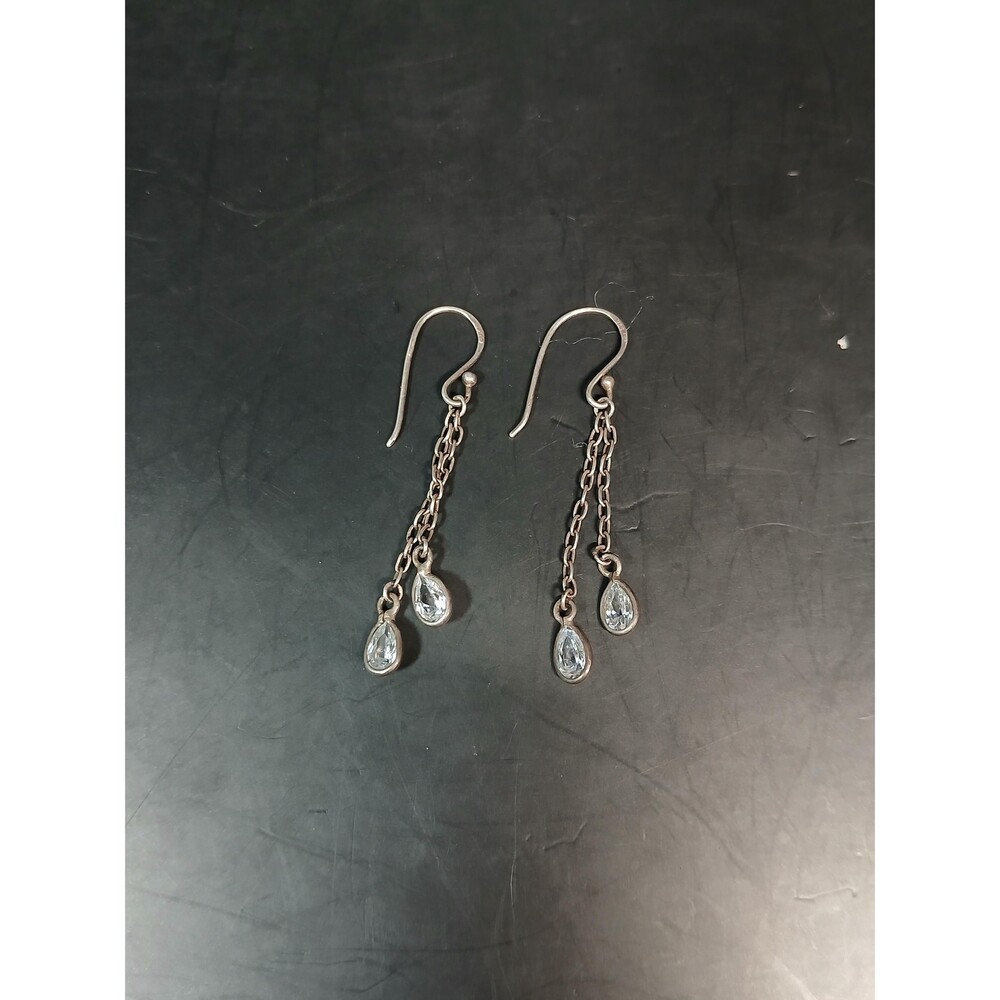 Sterling Silver 925 Crystal Teardrop Dangle Chain Earrings 1.25in